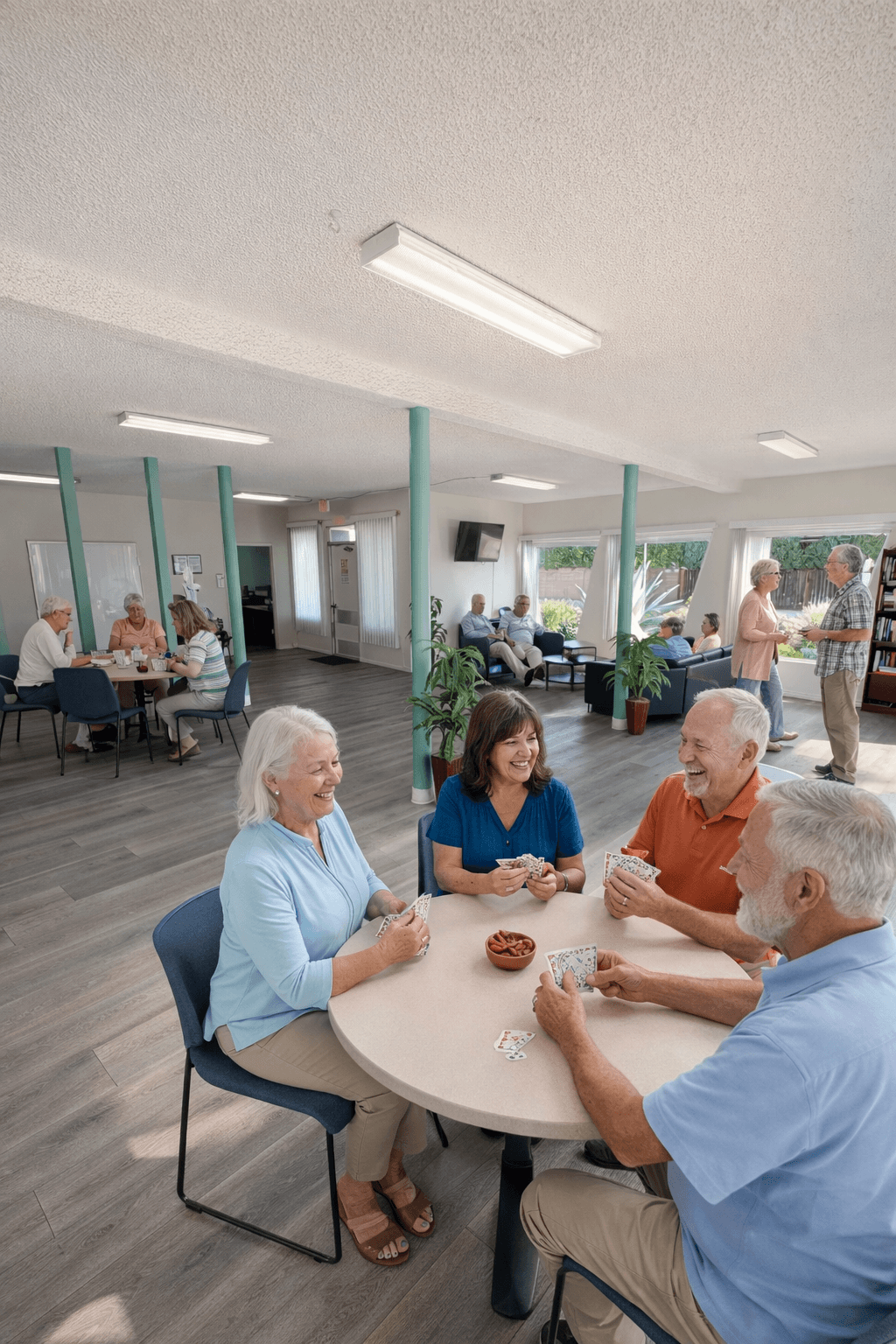 A group of elderly people are sitting around a table playing a card game.